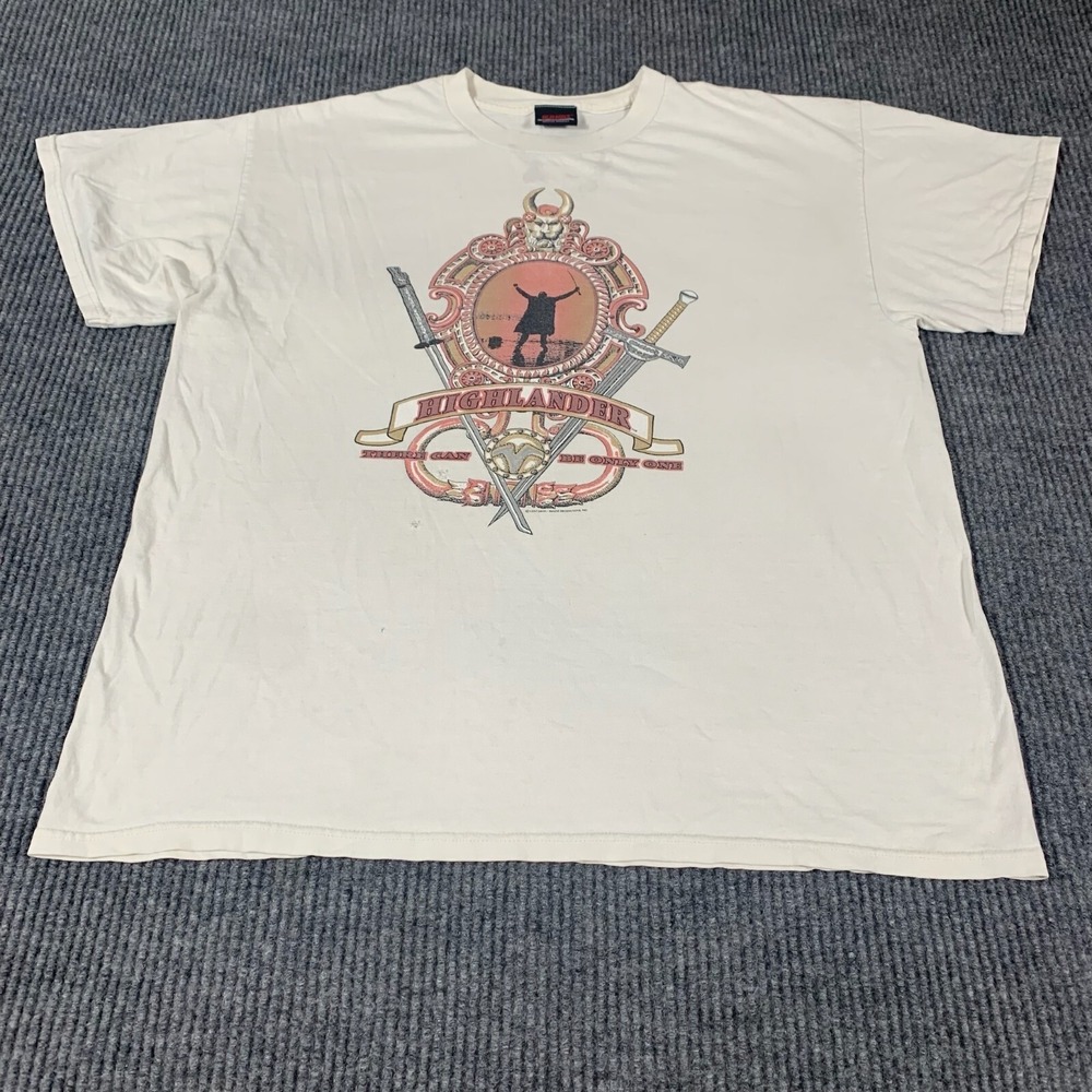 VTG Highlander T Shirt Mens XL White Movie TV Promo Retro 90s Flaws 1997 Swords